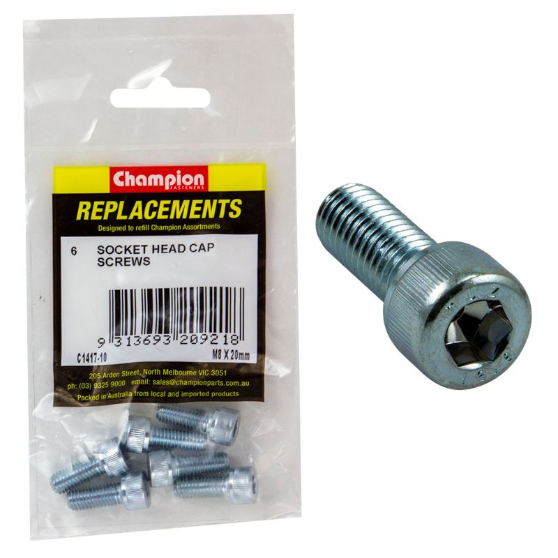 M8 X 20mm socket head cap screws in a pack of 6, made from Grade 12.9 steel for strength and durability, ideal for various projects.