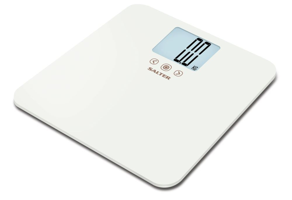 Sleek white digital scale with backlit display, 250kg capacity, BMI tracking, and memory for 8 users. Perfect for family wellness.