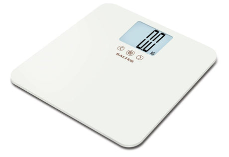 Sleek white digital scale with backlit display, 250kg capacity, BMI tracking, and memory for 8 users. Perfect for family wellness.