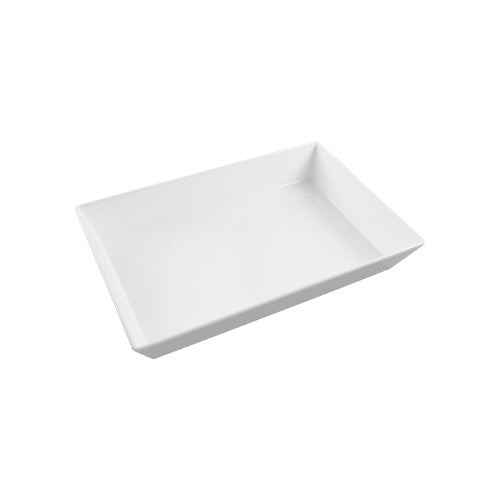 Elegant white 35cm Jab rectangular dish made from durable melamine, ideal for dining, catering, and outdoor events.