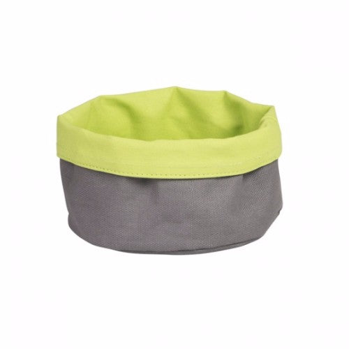 Round Moda Canvas Bread Bag in charcoal and lime, 170x70mm, stylishly keeps bread fresh with a drawstring closure.