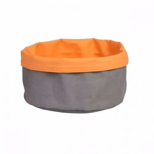Stylish charcoal and orange canvas bread bag with drawstring closure, perfect for eco-friendly bread storage.