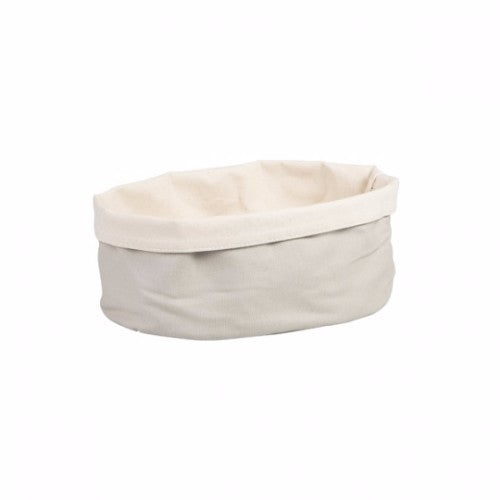 Oval grey and cream canvas bread bag, 200x180x90mm, stylishly stores fresh bread and pastries while reducing waste.