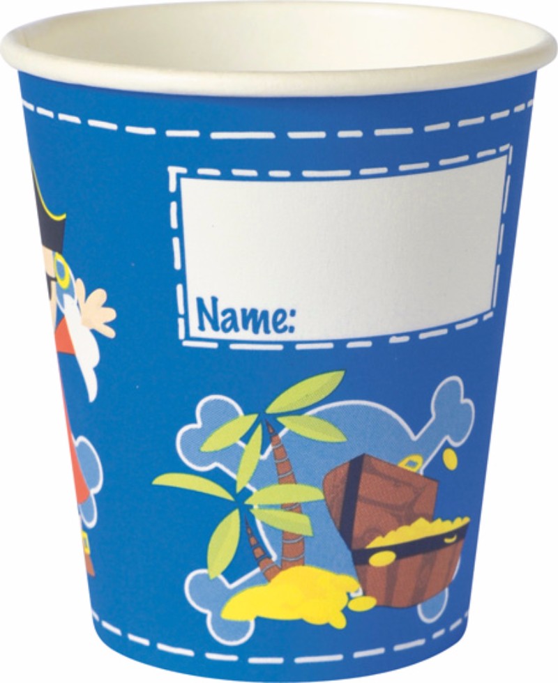 Set of 10 eco-friendly Captain Jack paper cups, 20cl each, stylish design with space for names, perfect for parties and events.