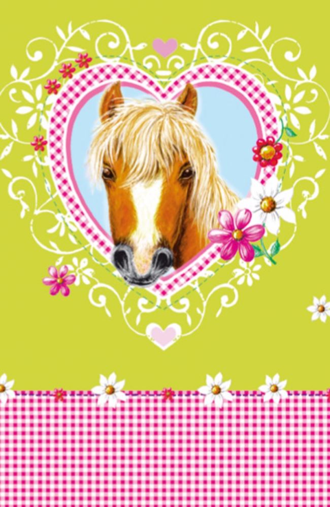 Colorful plastic tablecover featuring a whimsical horse design, perfect for children's parties and easy to clean.
