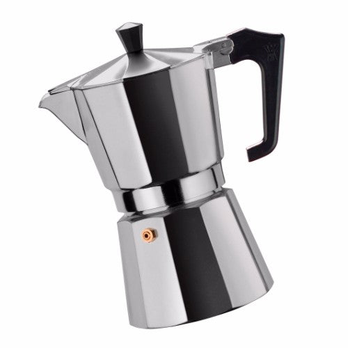 Pezzetti Italexpress Aluminium Coffee Maker in red, black, or orange; brews 14 cups of rich, aromatic espresso.