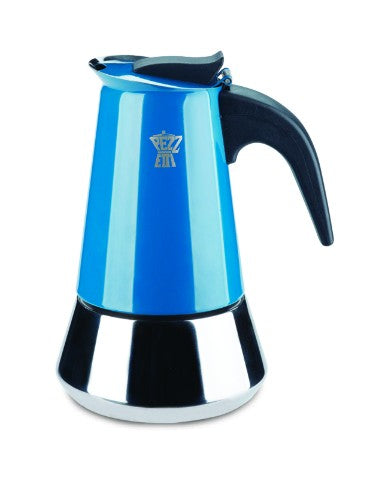 Pezzetti teal induction espresso maker designed for robust, flavorful coffee in a stylish, compact design. Perfect for any coffee lover.