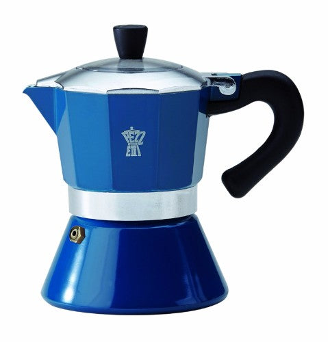 Pezzetti Teal BelleExpress Induction Espresso Maker 6C, elegant 6-cup brewer with excellent heat conduction for authentic espresso.