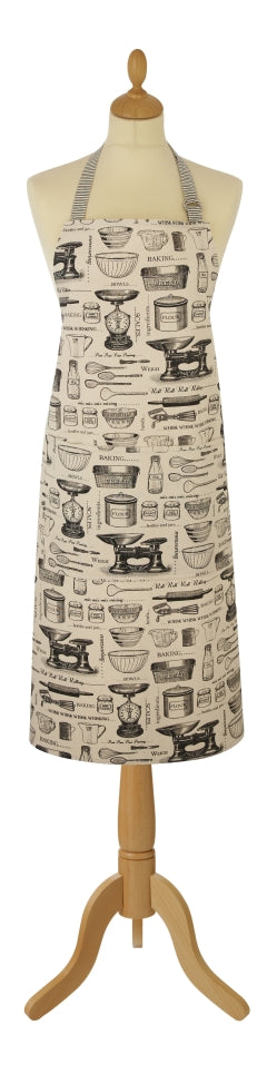 Cream cotton apron featuring traditional bakeware images in charcoal grey, perfect for baking enthusiasts.