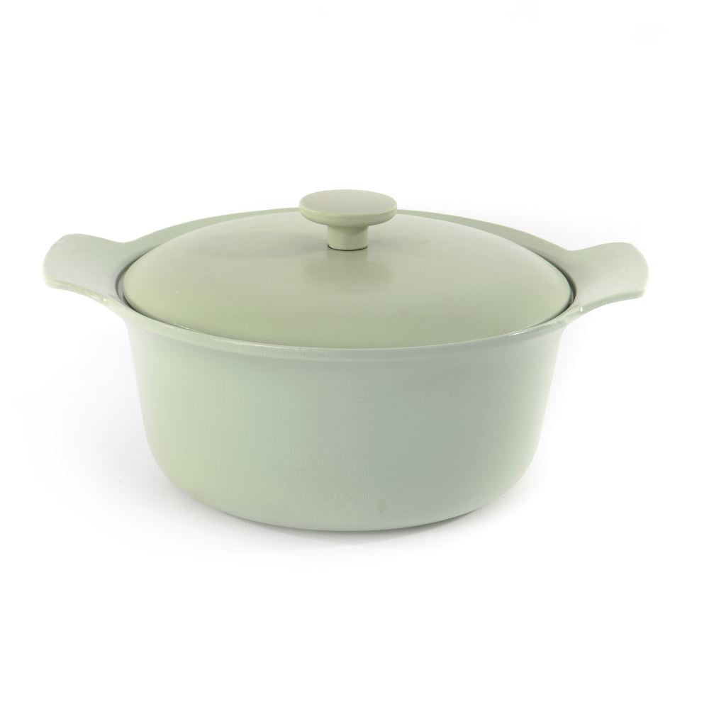 Elegant green Berghoff cast iron stockpot with a dimpled lid, perfect for simmering soups and slow cooking.
