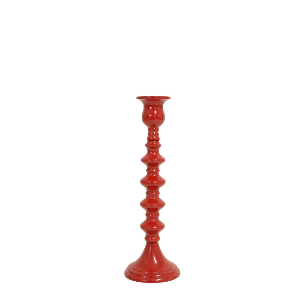 Red aluminium candle holder, 24cm tall, detailed design perfect for home decor and romantic settings.