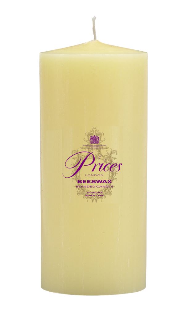 Elegant Price's Blended Beeswax Candle, 22.5cm tall, 7cm wide, offers 80-hour smokeless burn and soothing honey aroma.