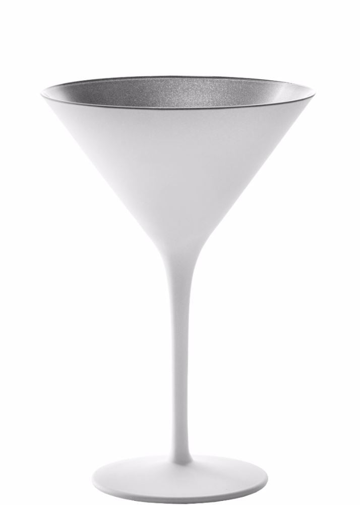Set of 6 stylish Stolzle Olympic cocktail glasses in matte white and silver, ideal for enhancing drink presentations.