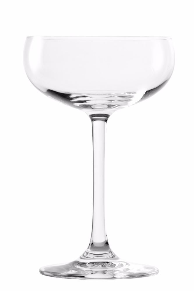 Set of 6 Stolzle 230ml champagne saucers in lead-free crystalline glass, designed for elegance and enhanced flavor in celebrations.