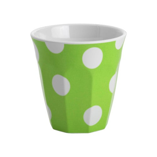 Set of 6 lime tumblers with white dot pattern, 300ml, durable melamine, ideal for hot/cold beverages, dishwasher safe.