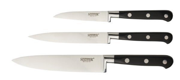 3-piece Professional Sabatier knife set featuring paring, all-purpose, and cook's knives for precision and durability in the kitchen.