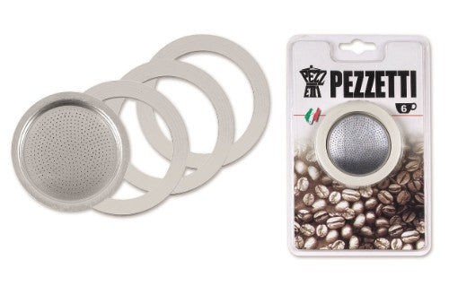 Pezzetti 1 Cup Replacement Gasket and Filter set for moka pots, includes 1 metal filter and 3 rubber gaskets for optimal brewing.