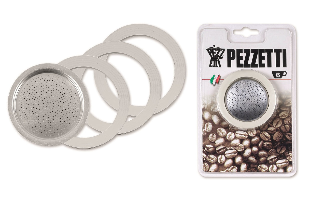 Pezzetti 6 Cup Gasket & Filter set with 1 metallic filter and 3 rubber gaskets for perfect espresso brewing.