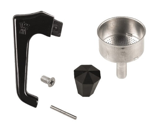 Pezzetti Funnel, Handle and Knob Replacement Set for stovetop espresso makers, enhancing brewing performance and durability.