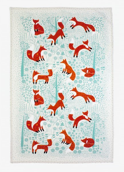 Cotton tea towel featuring a whimsical fox design on a duck egg shell background, perfect for functional kitchen decor.