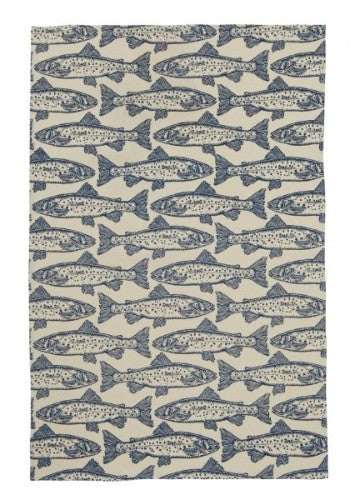 Stylish salmon-illustrated cotton tea towel, 48x74 cm, perfect for drying dishes or as a decorative kitchen piece.