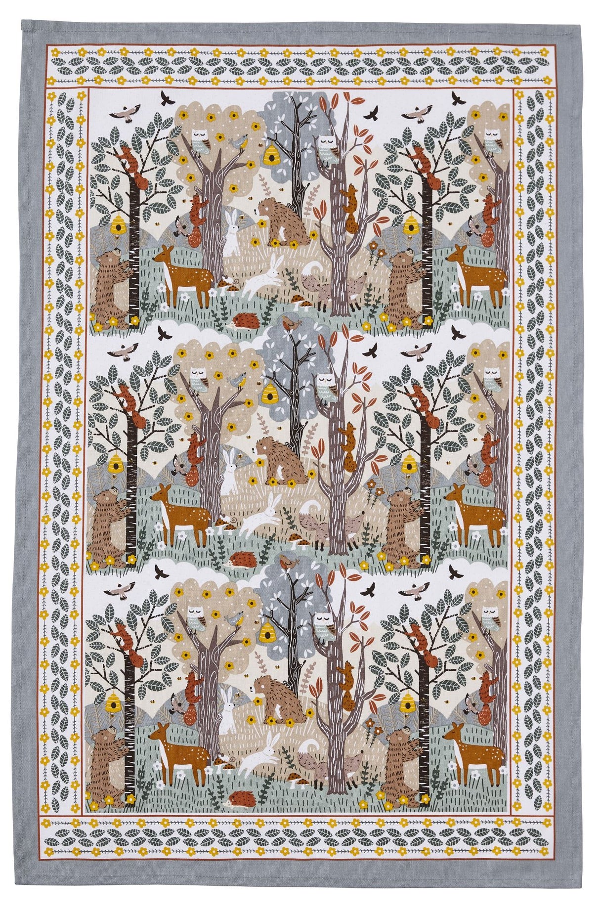 Cotton tea towel with whimsical woodland design, 48x74cm, combining vibrant colors and high absorbency for stylish kitchen use.