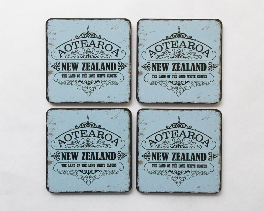 Vibrant Aotearoa Kiwiana coasters set, showcasing New Zealand culture; durable with natural cork bases, ideal for home decor.