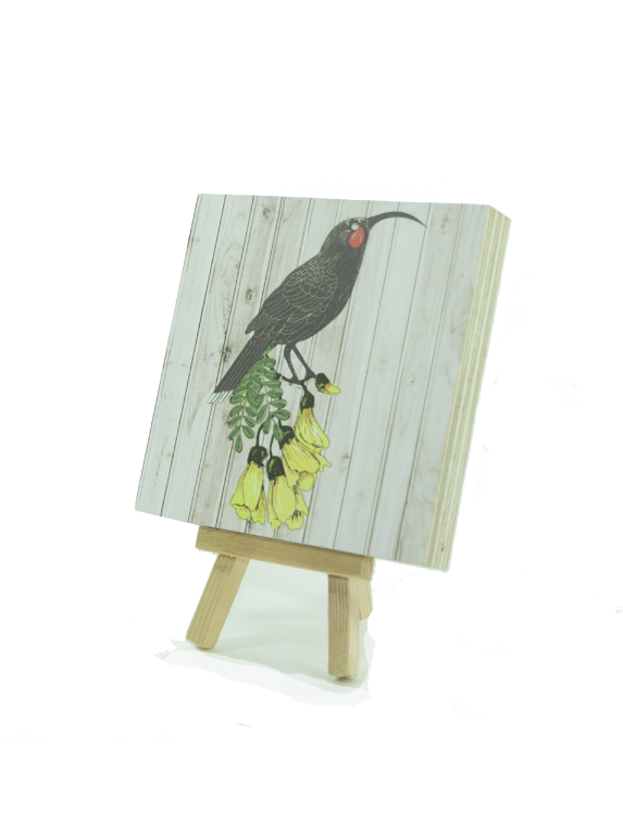 Art Block Plywood in light wood featuring elegant Huia artwork, eco-friendly, pre-drilled for easy hanging, 120mm square.