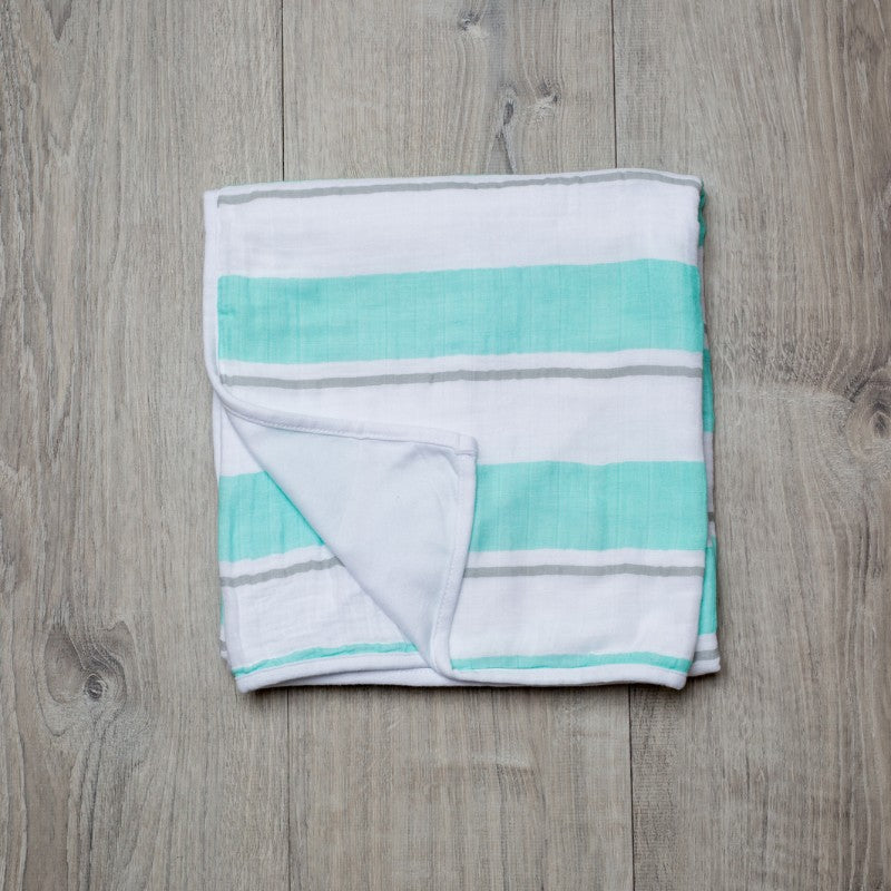 Soft aqua striped dual layer blanket for babies, measuring 38"x38" and made from 100% cotton for comfort and warmth.