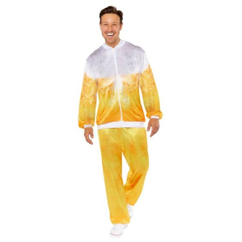Vibrant men's beer shell suit in size medium, featuring a humorous all-over beer print, perfect for festive occasions.