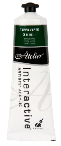 Atelier 80ml Terre Verte acrylic paint in vibrant green, ideal for versatile techniques and easy blending, made in Australia.