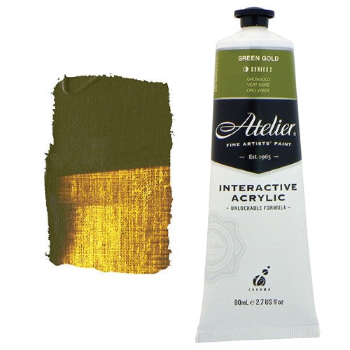 Atelier 80ml Green Gold Acrylic Paint, vibrant hue for versatile layering and controlled drying, ideal for all artists.