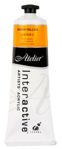 Acrylic paint tube in vibrant Indian Yellow, ideal for versatile art techniques and easy blending, made in Australia.