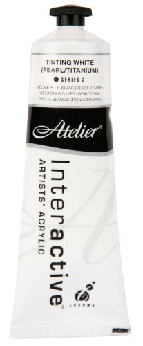 Acrylic paint tube in tinting white with pearl titanium finish, designed for versatile and precise artistic techniques.