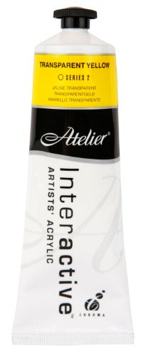 Acrylic paint tube in transparent yellow, showcasing versatility for blending and vibrant artwork, 80ml size, made in Australia.
