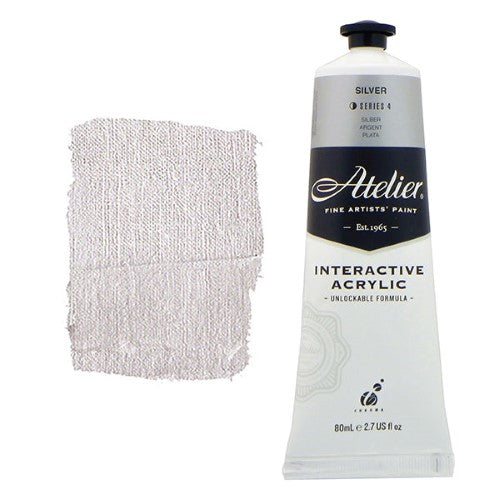 Acrylic paint tube in silver, 80ml, ideal for versatile blending and layering techniques for artists of all skill levels.