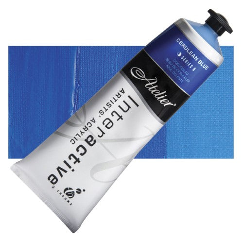 A vibrant 80ml tube of Atelier Acrylic Paint in Cerulean Blue, perfect for versatile artistic techniques and blending.