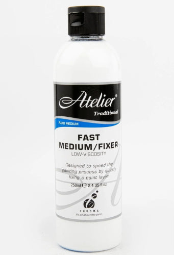 Acrylic paint tube labeled Atelier Fast Medium 250ml, showcasing its versatile fast-drying and controlled drying features.