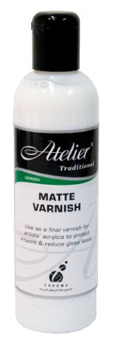 Atelier Matt Varnish 250ml, a durable, non-toxic acrylic varnish for a matte finish that protects and enhances artwork.
