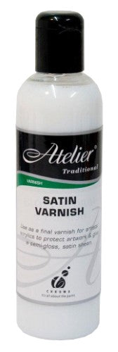 Atelier Satin Varnish 250ml, a versatile acrylic paint varnish, enhances color vibrancy and protects artwork with a clear finish.