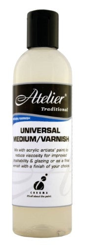 Atelier Universal Medium/Varnish 250ml enhances acrylic art with versatile finishes and improved paint layering.