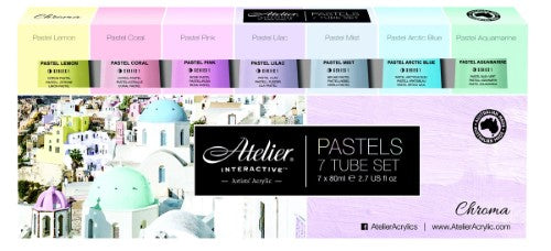 Vibrant 8-tube pastel acrylic paint set for artists, featuring 80ml tubes of lightfast colors, ideal for blending and layering.