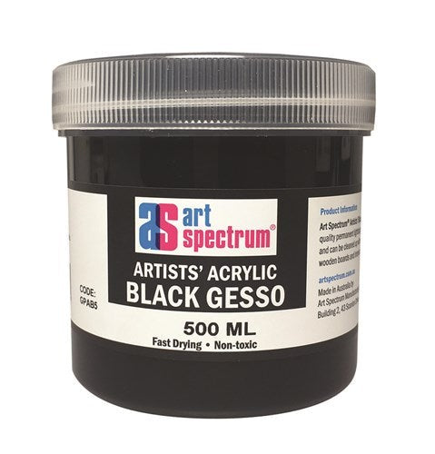 Black 500ml gesso for artists, ideal for priming surfaces, offering fast-drying, non-toxic, and lightfast coverage.