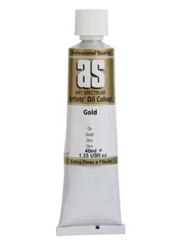 Rich gold oil paint in a 40ml tube, perfect for vibrant, lasting artwork and easy blending with other colors.