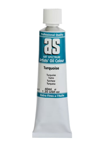 Vibrant turquoise oil paint in a 40ml tube for artists, perfect for blending and layering techniques in various artworks.