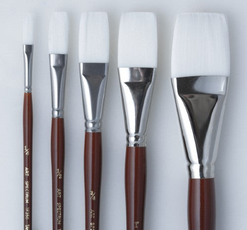 White Taklon flat brush, 1/4 inch, with mahogany handle, ideal for water media, offering precision and comfort for artists.
