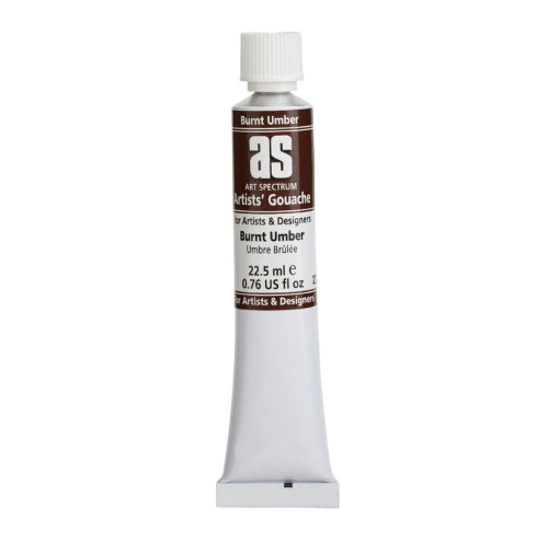 Art Spectrum 22.5mL Burnt Umber Gouache tube, offering vibrant colors, quick drying, and a matte finish for versatile painting.