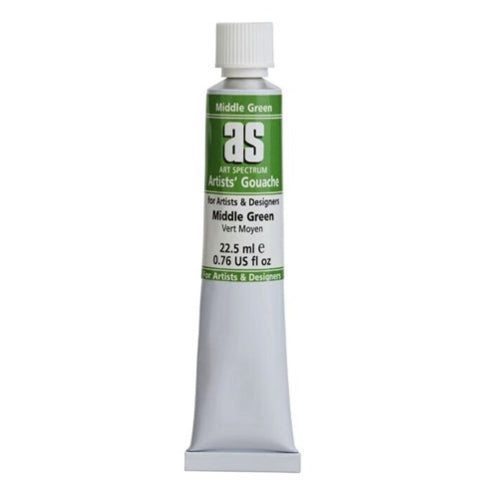 Art Spectrum As Gouache in Mid Green, 22.5ml tube, offers vibrant color, velvety finish, ideal for various surfaces and techniques.