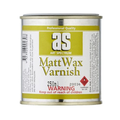 Satin-matt wax varnish in a 250ml tin, made from beeswax and resin for protecting and enhancing artwork.