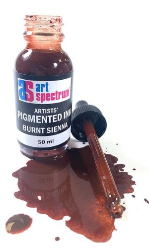 A 50ml glass bottle of burnt sienna acrylic-based pigmented ink, perfect for vibrant, durable artistic projects.